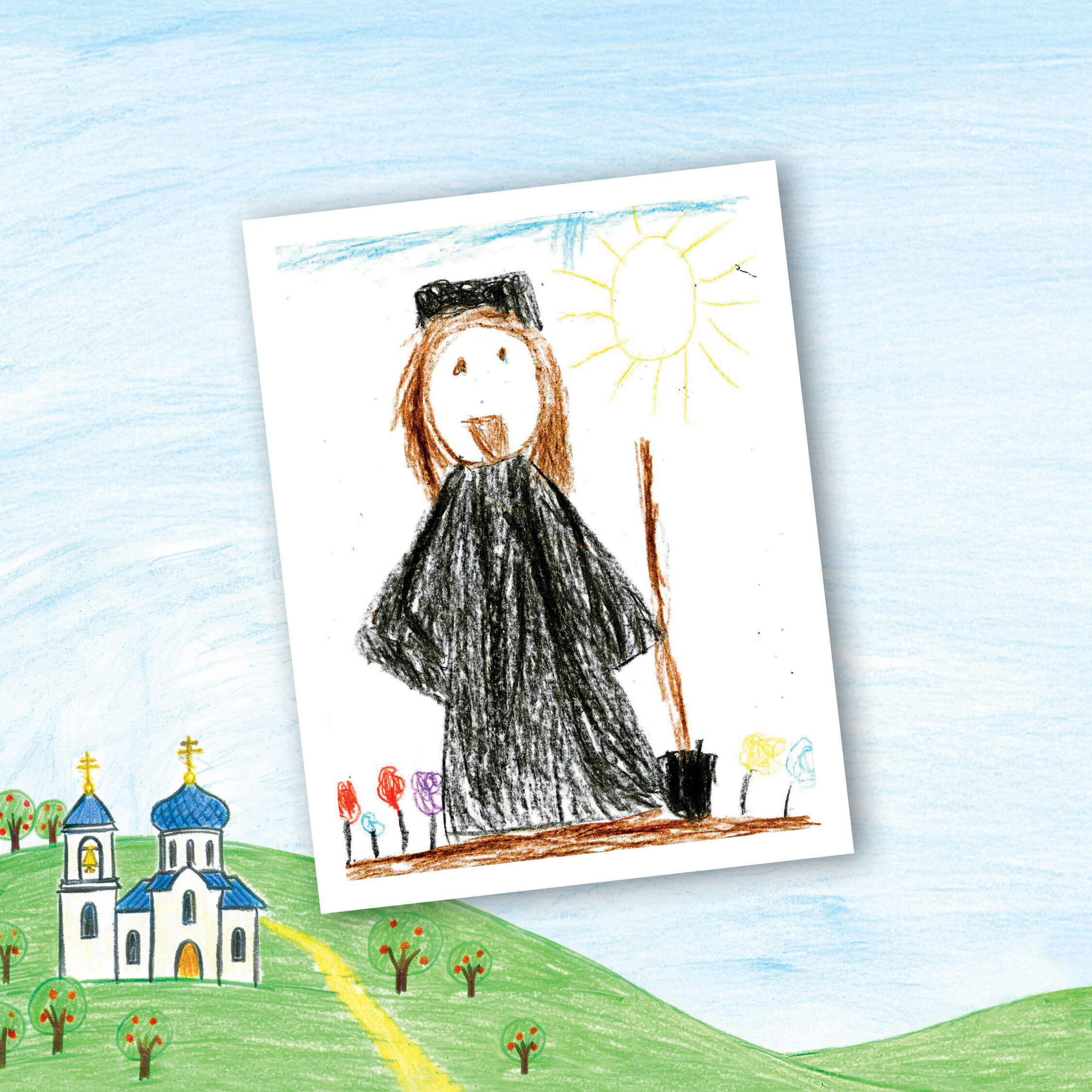 St. Tikhon's Seminary 2026 Spring Appeal children's drawings of their fathers in their cassocks.