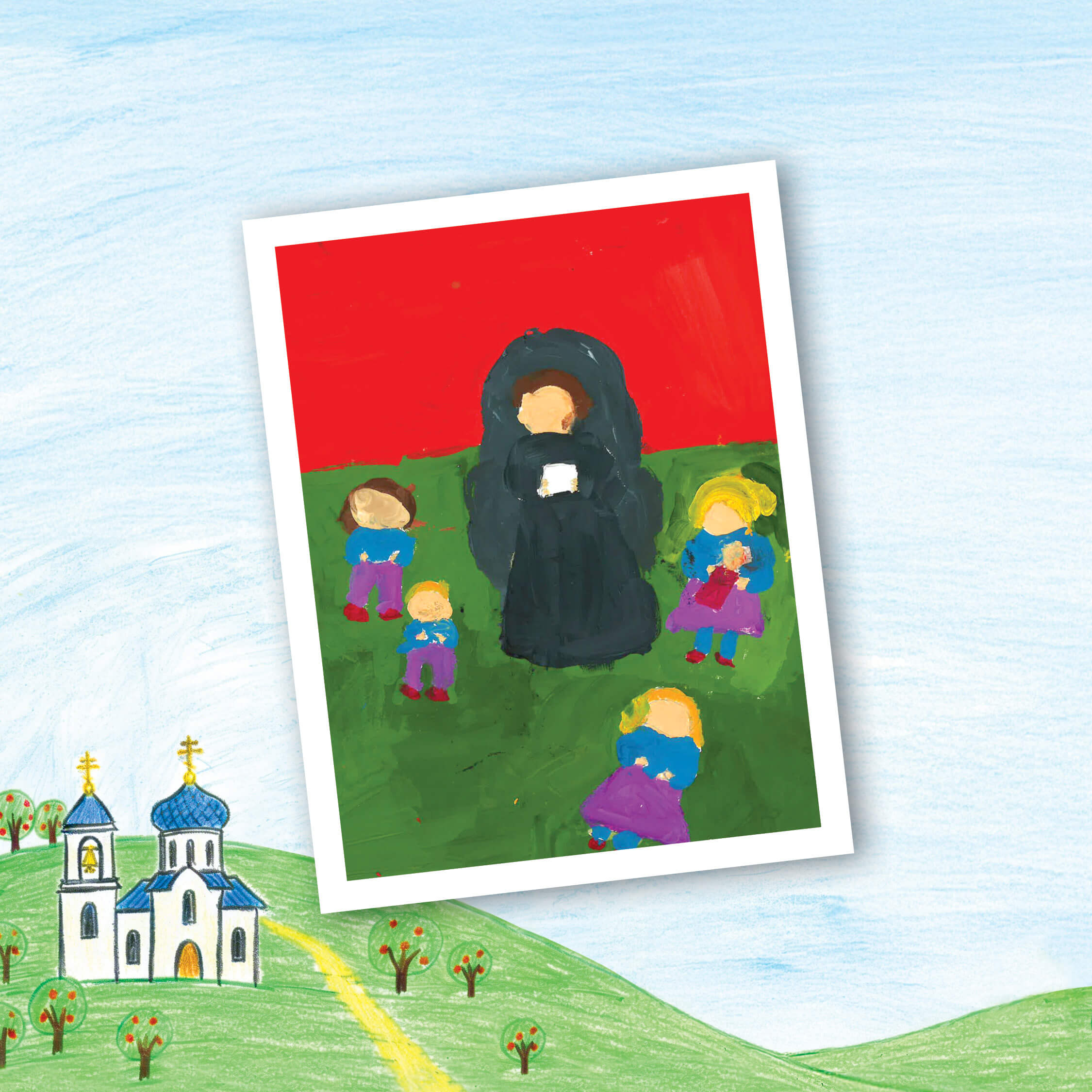 St. Tikhon's Seminary 2026 Spring Appeal children's drawings of their fathers in their cassocks.
