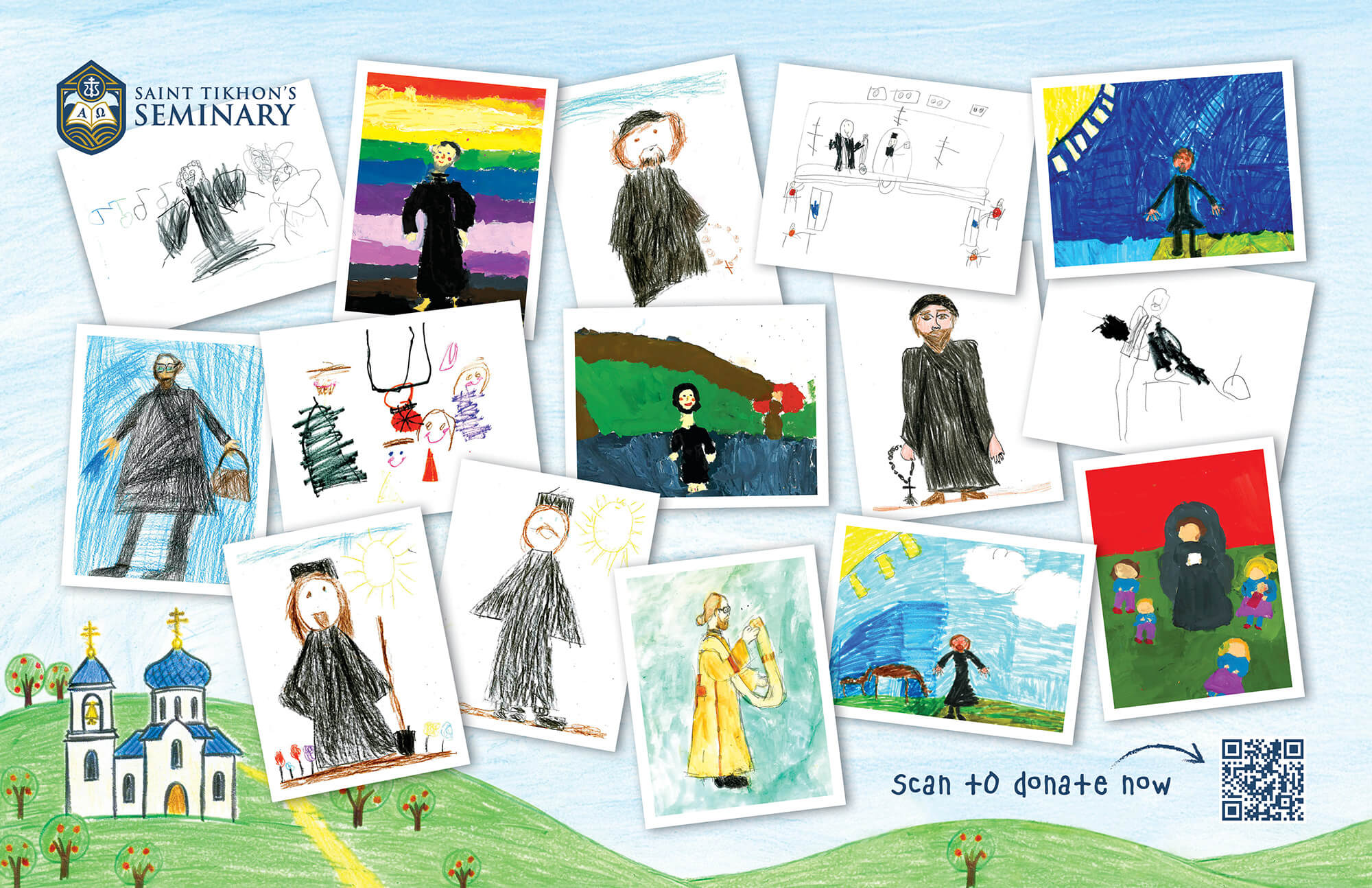 St. Tikhon's Seminary 2026 Spring Appeal children's drawings of their fathers in their cassocks.
