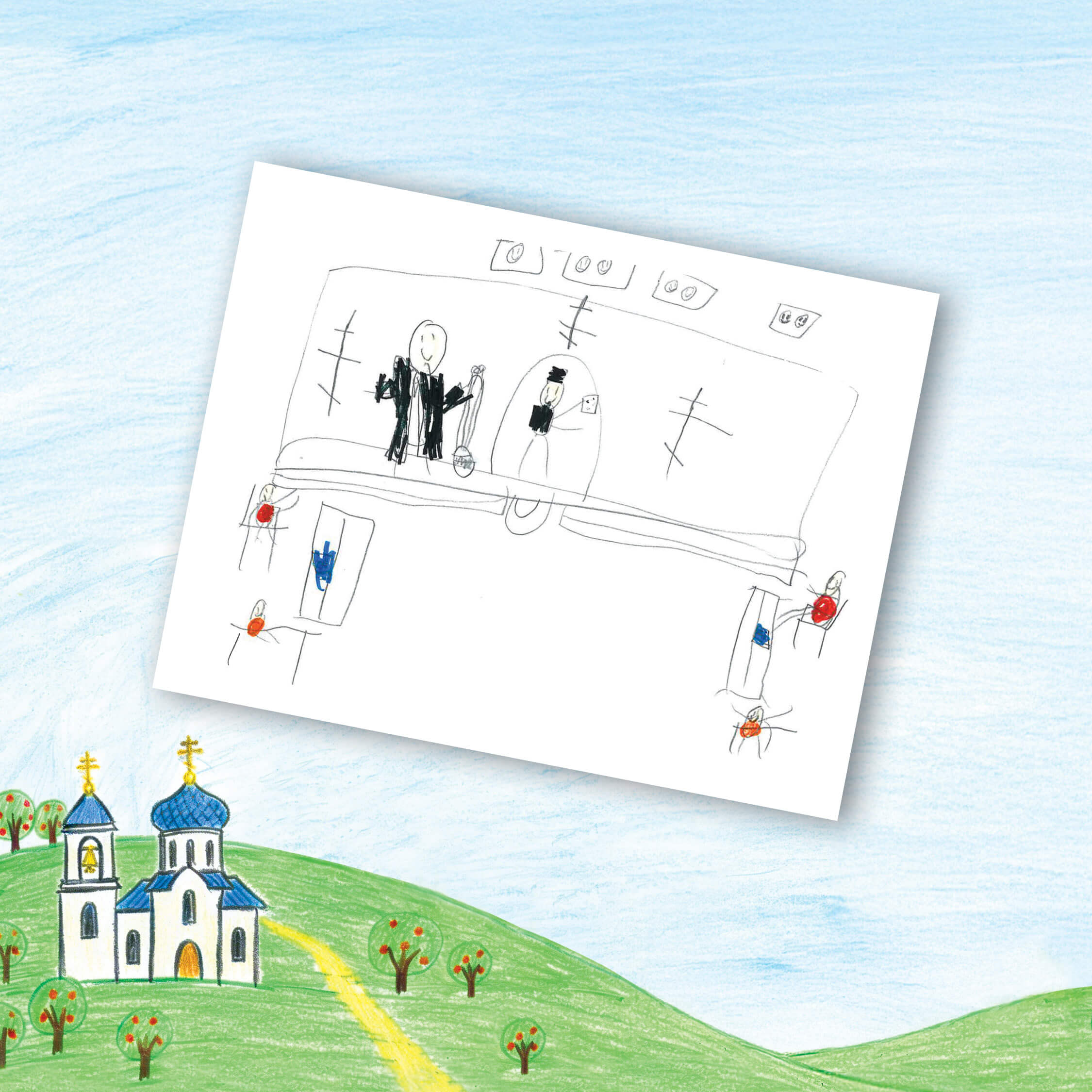 St. Tikhon's Seminary 2026 Spring Appeal children's drawings of their fathers in their cassocks.