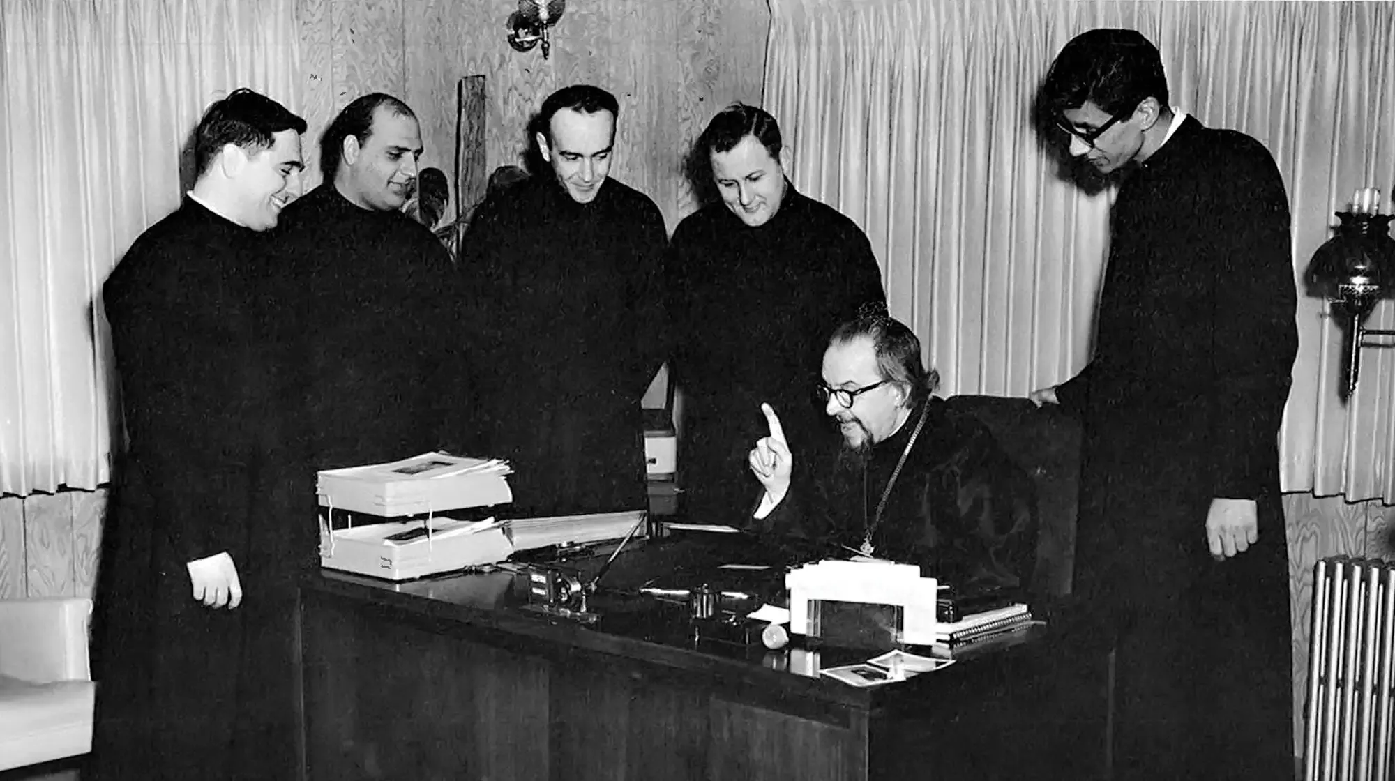 St. Tikhon's seminarians and a professor speak in the 1950s.